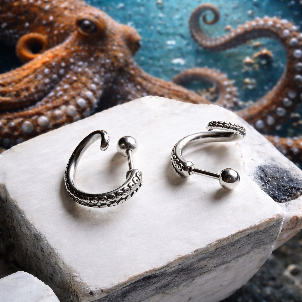 Silver Stainless Steel Octopus Geometric Nautical Beach Twist Earrings